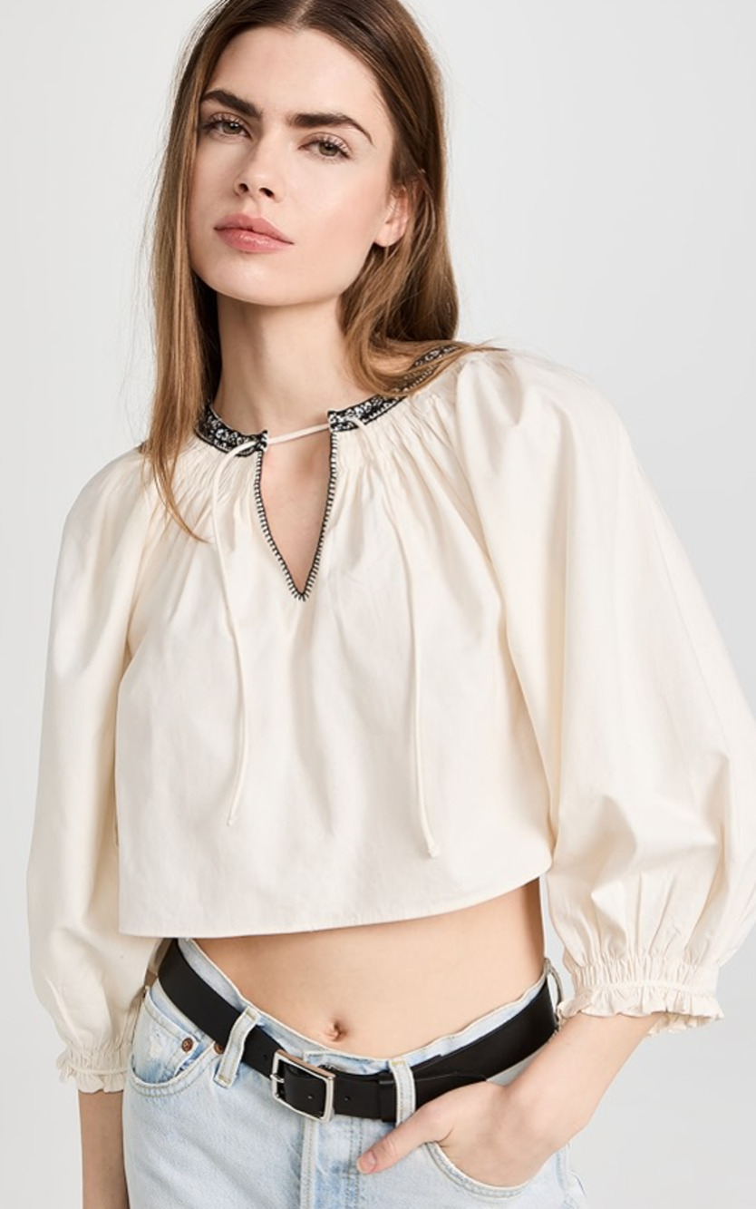 RE/DONE Victorian Cut Off Blouse Medium Vintage Ivory Balloon Sleeve Ruffle NWT